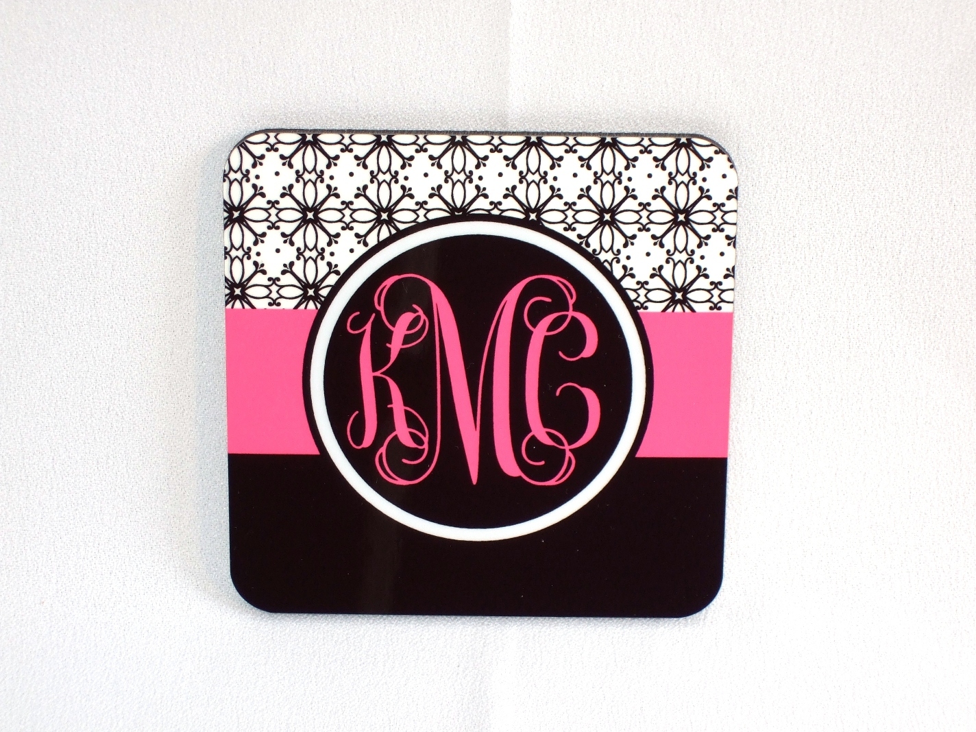 Floral print/hot pink/black monogram coaster