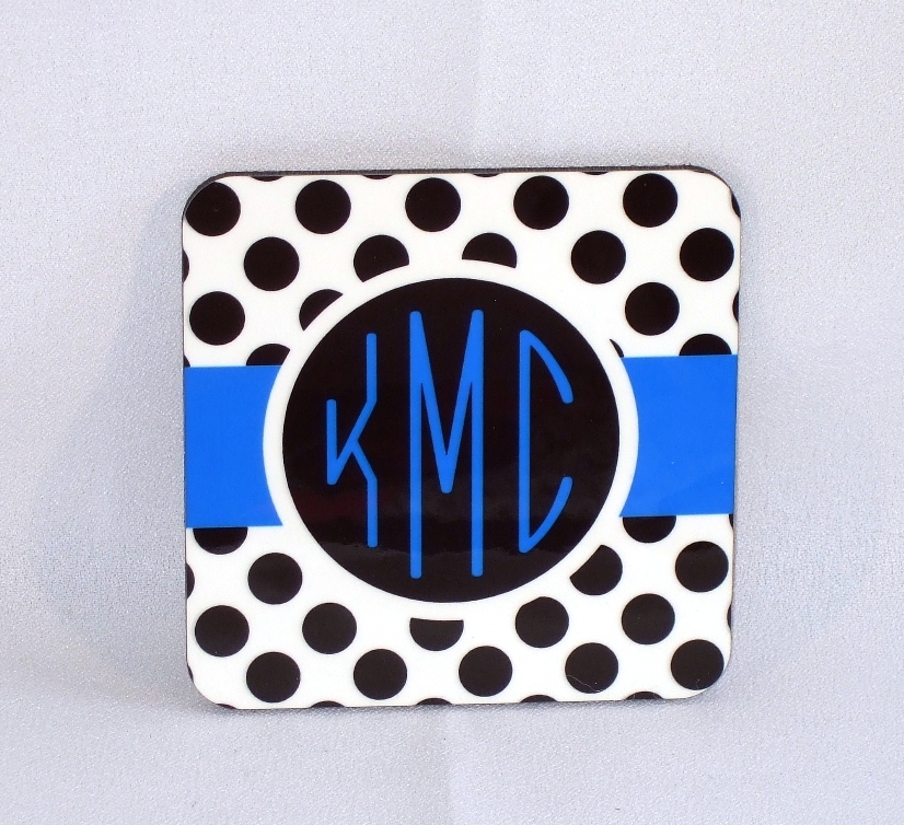 Black & white polka dot with blue accent monogram coaster