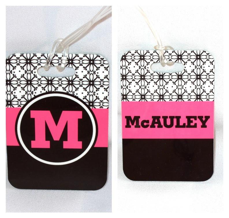 Personalized black and white floral bag tag with school  name or monogram 