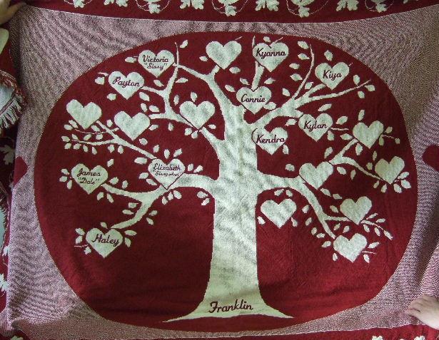 Burgundy family tree throw with hearts